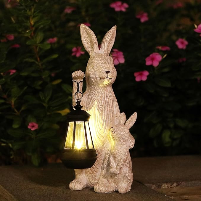 Solar Garden Statues Bunny Decor with LED Lights Home Decorations Outdoor Garden Rabbit Statue for Patio, Balcony, Yard, Lawn Ornament - Unique Housewarming Birthday Gifts for Women