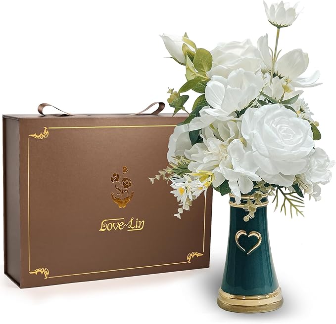 LoveLin Artificial Flower Arrangement for Ceramic Vase,White Roses Floral Bouquet Paired Abstract Prayer Hand Shaped Dark Green Vase,Affordable Luxury Art Pieces,Lndoor Ornament, 17″