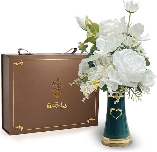 LoveLin Artificial Flower Arrangement for Ceramic Vase,White Roses Floral Bouquet Paired Abstract Prayer Hand Shaped Dark Green Vase,Affordable Luxury Art Pieces,Lndoor Ornament, 17″