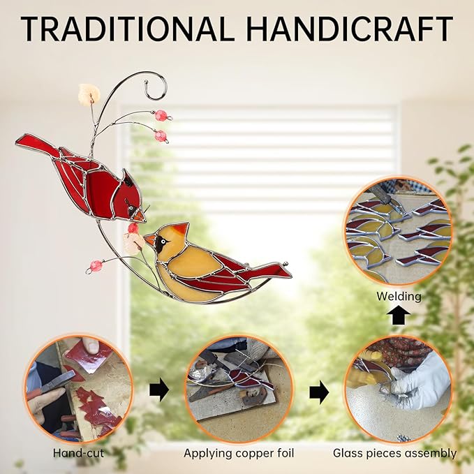 Cardinal Stained Glass Suncatchers for Windows Hanging Decorative,Couple Red Love Birds Sun Catchers for Christmas Ornaments,Real Stained Glass Cardinal Memorial Gifts for Women/Mom