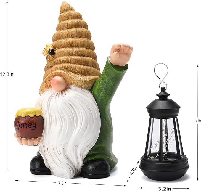 12.3''Solar Garden Gnome Outdoor Decor Honey Bee jar Gnome Statue with LED Lantern Fall Patio Yard Art Decoration Christmas Gardening Birthday Gifts for Women Mom, Honey Bee Gnome