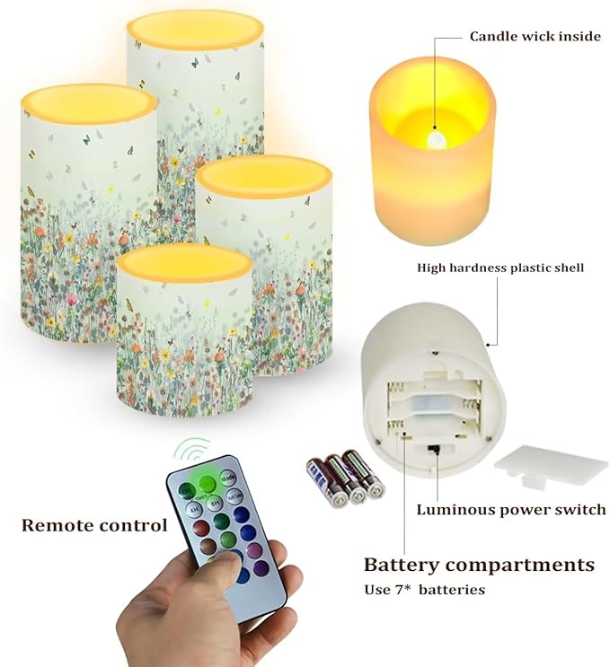 Flameless LED Candles Electric Pillar Candles with Remote Timer Color Changing Control Long Lasting Pack of 4 for Table Centerpiece Home Indoor Decoration, Flower Butterfly Blue