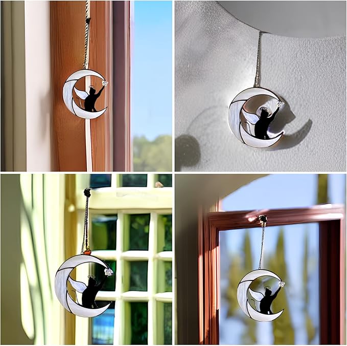 Stained Glass Suncatcher: Angel-Winged Cat Catching Butterfly on Moon - Memorial Gift for Cat Loss