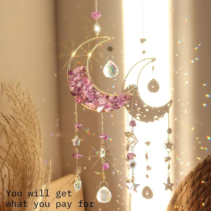 Amethyst Crystals Suncatcher - Hanging Moon Sun Catcher with Glass Prisms for Windows, Healing Amethyst Crystal Decor for Home, Gift for Christmas Birthday Valentine Mothers Day