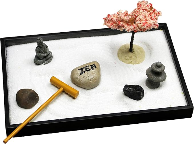 Nature's Mark Mini Zen Garden Kit for Desk with Rake, White Sand, Buddha, Lantern, Black Rectangle Base, River Rocks and Mini Blossom Tree (8Lx5W C)