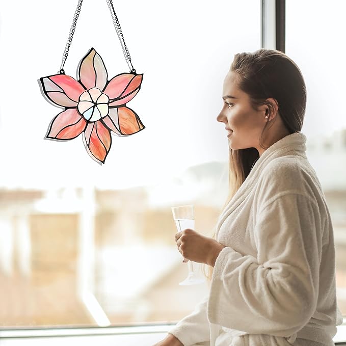 Stained Glass Window Hanging - Double-Layered Tiffany Flowers Suncatchers for Windows Hanging,Floral Sun Catcher for Plant Lovers Mothers Day Anniversary Love Gift