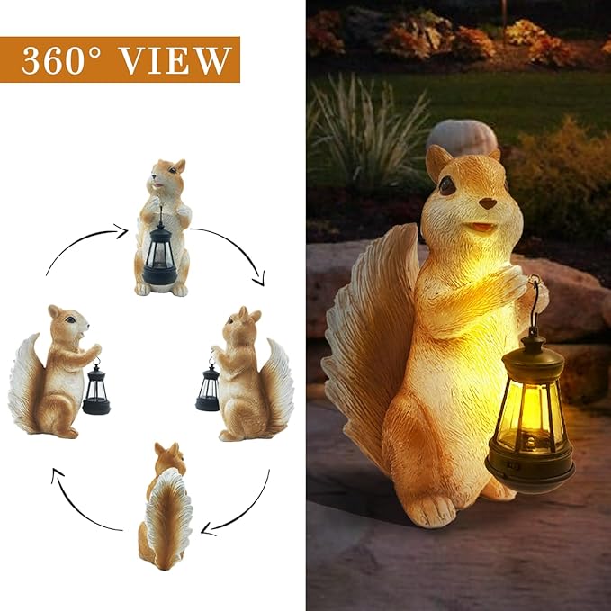 Solar Garden Squirrel Decor Statue Fairy Garden Accessories Outdoor Figurine LED Lights Art Housewarming Gift for Patio Yard Lawn Ornament Cute Animal Decoration