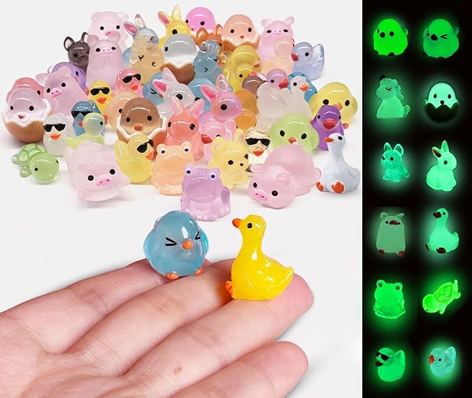 Luminous Mini Resin Animals 50 Pcs Tiny Animals to Hide Around The Office Home Mini Ducks Tiny Frogs Small Birds Little Rabbits Glow in The Dark for Crafts Fairy Garden Accessories