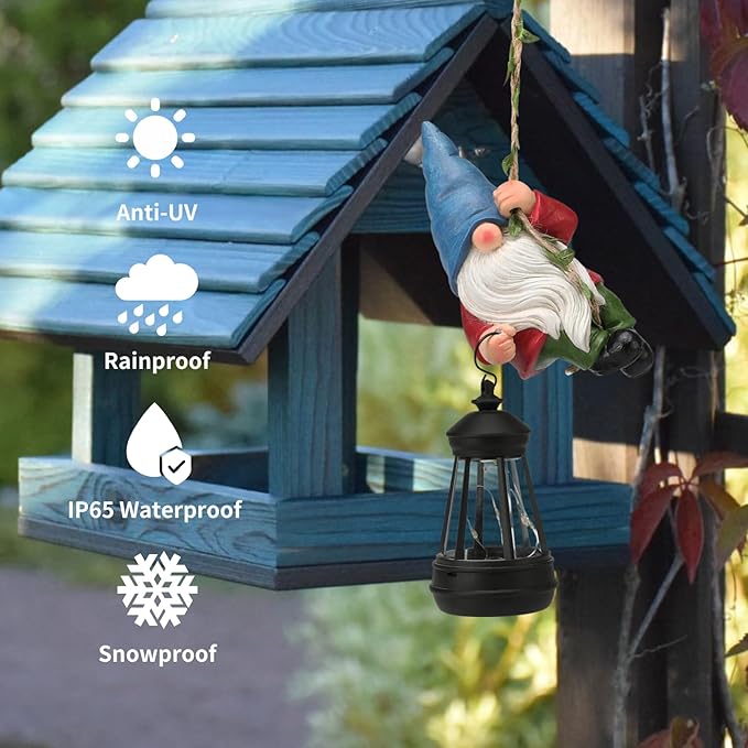 Solar Hanging Gnome Garden Statue Climbing Rope Gnome with LED Lantern Outdoor Decor Tree Hugger Yard Porch Wall Decoration Christmas Gardening Gift for Mom