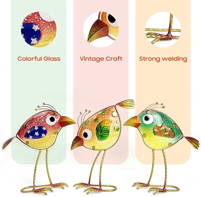 Garden Decor for Outside,Funny Metal & Glass Bird Decor for Indoor & Outdoor Set of 3,Yard Art Decor,Garden Art Statues Decorations,Colorful and Patriotic