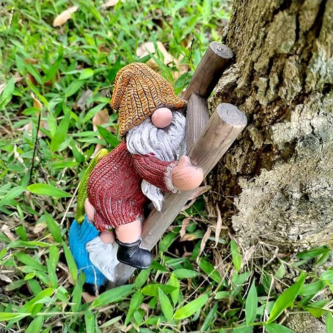 Garden Gnome Statue, Funny Climbing Ladder Gnomes Figurine Resin Sculpture Outdoor Decor for Patio Yard Lawn Porch Ornaments Gift