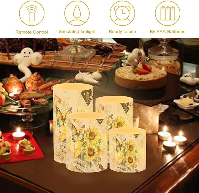 Flameless Candles Battery Powered LED Candles with Remote Timer Color Changing Control Long Lasting for Indoor Outdoor Home Table Decoration Set of 4, Butterfly Sunflower Retro