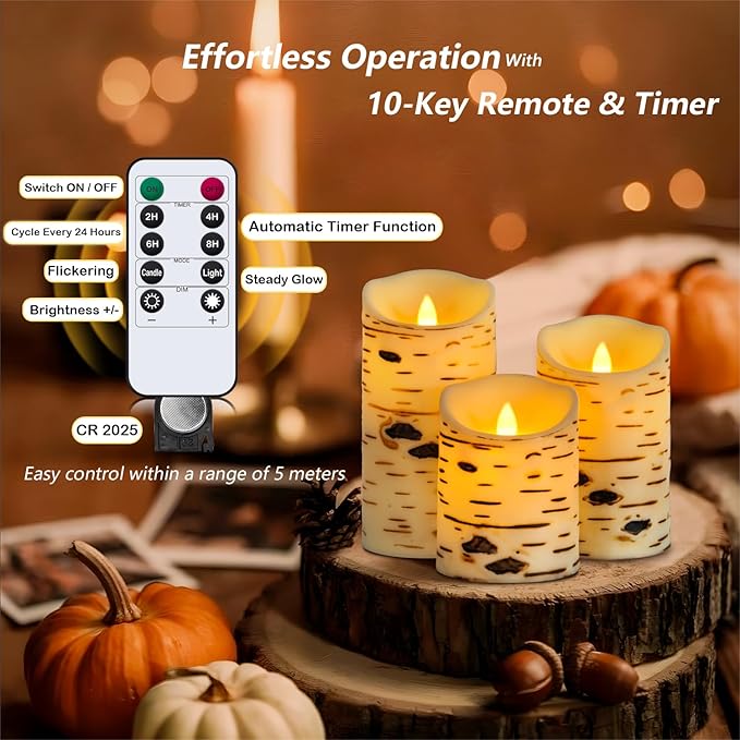 Metaku Flameless Candles Battery Operated Set of 3 Birch Bark LED Pillar Candles with Remote,3D Moving Wick Electric Decorative Candles for Christmas Party Wedding Home Bedroom,D 3"×H4 5" 6"