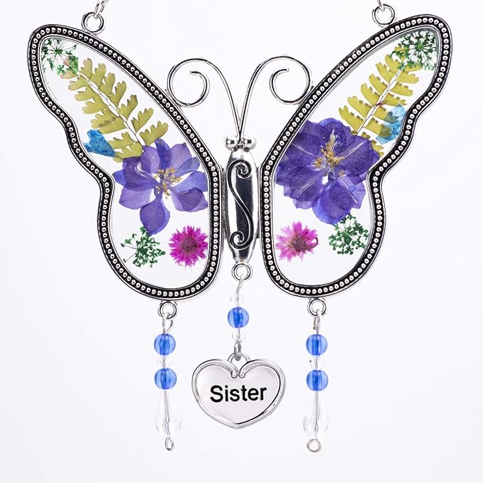 Laraine Butterfly Suncatcher with Pressed Flower Wings Mom Mother's Day Butterfly Glass Wind Chime Ornament Charm with Metal Heart Gifts for Mom Grandma Birthday ((Purple Sister (with Free Hook))