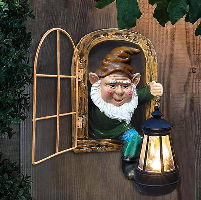 Fairy Garden Statues Gnomes Solar Lantern - Whimsical Elf Out The Door Tree Hugger Figurines Fence Wall Yard Art Home Decor Outdoor Tree Face Sculpture, Ideal Birthday Housewarming Decorations Gifts