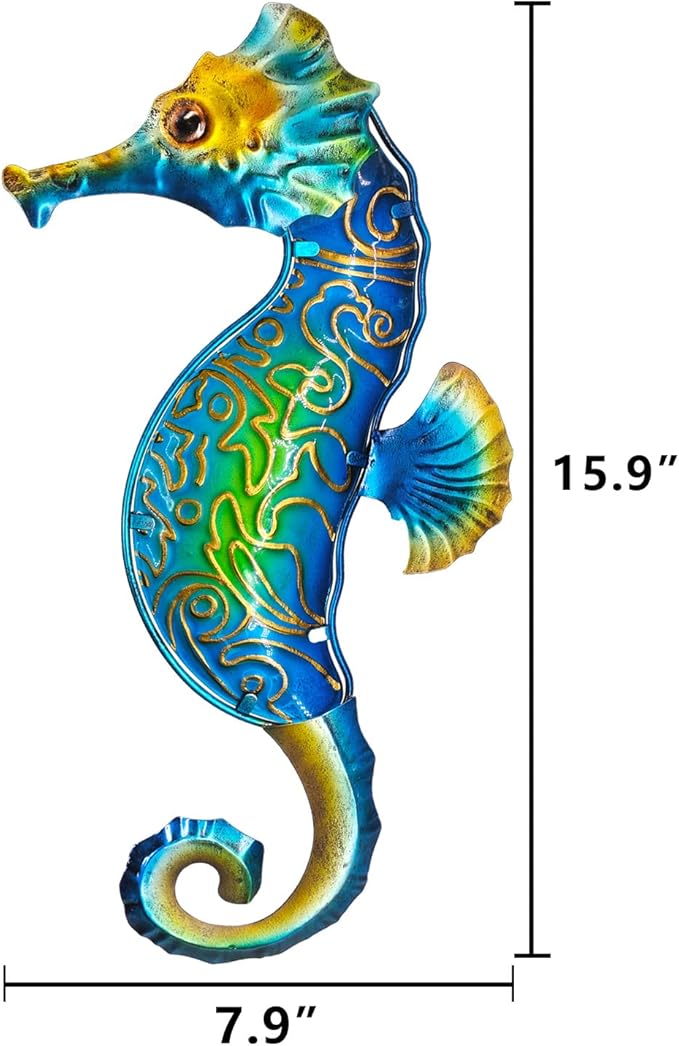 John's Studio Seahorse Sea Wall Decor Outdoor Metal Garden Hanging Art Glass Sculptures Home Ocean Theme Decorations for Kitchen Bathroom and Pool