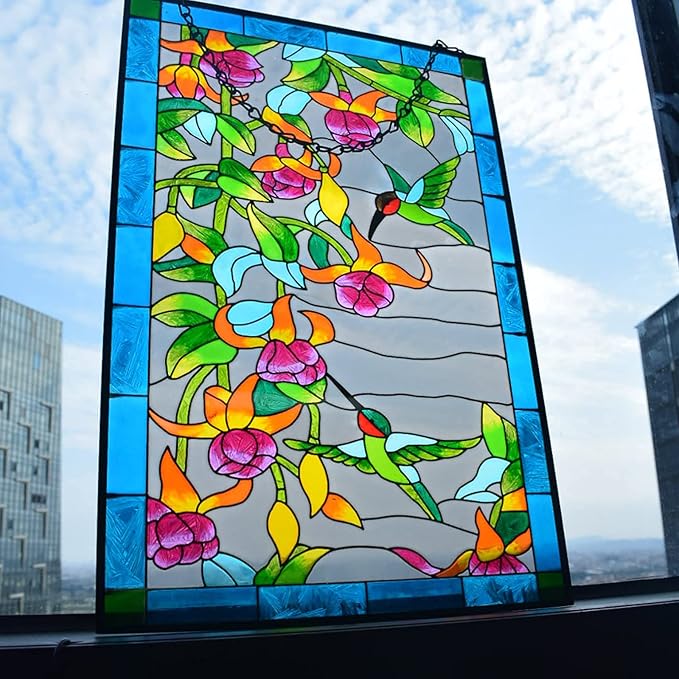 VEWOGARDEN W10xH15 inch Hummingbird Stained Glass Window Hangings, Suncatcher Panel with Chain for Wall or Windows