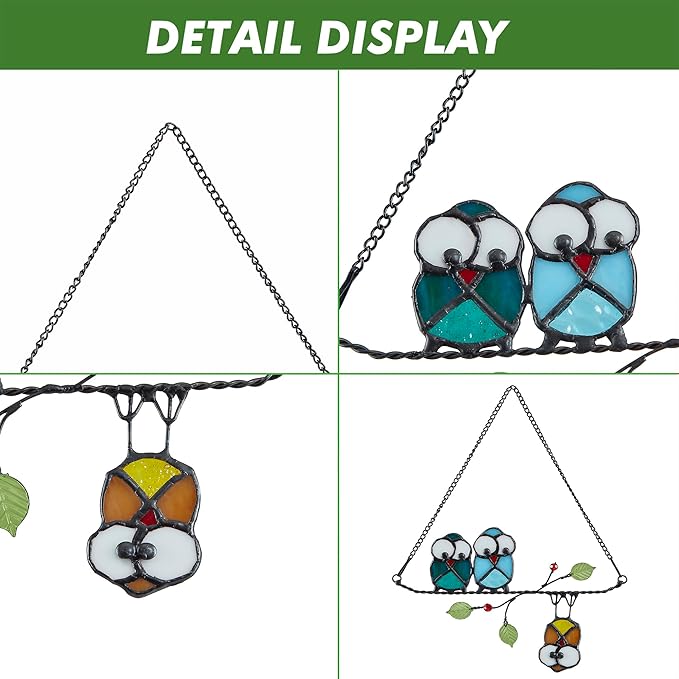 Stained Glass Birds,owl,Stained Glass Window Hanging,Multicolor Owls on The Living Tree with Green Leaf and red Berries,Bird suncatcher for Windows Room Home,Bird Deco,Gift for Mom,and Bird Lovers.