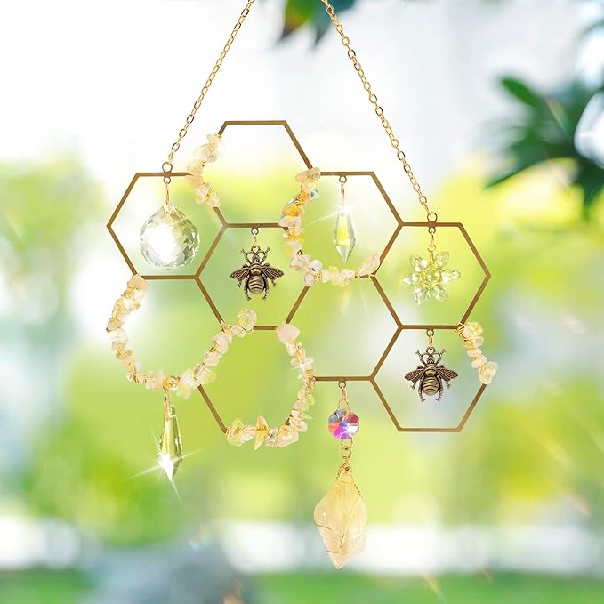 Tuitessine Crystals Suncatcher Window Hanging Bumble Bee Decor Honeycomb Light with Crystal Glass Prisms Hive for Home Indoor Outdoor Catcher Garden Ornament Christmas Birthday Gift Ideas