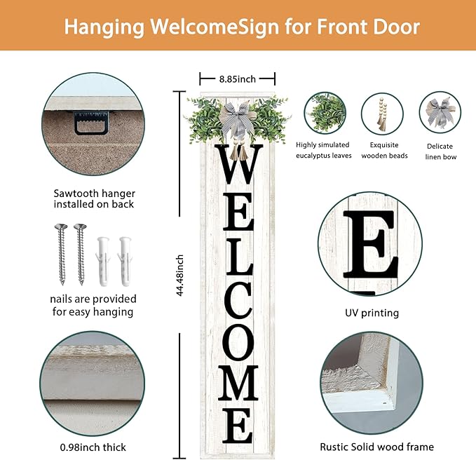 Welcome Sign for Front porch Standing 45"X9"Large Wood Frame Outdoor Tall Welcome Signs Vertical Decor for Farmhouse Rustic Home Modern Outside Front Door Wall Decorations (White)