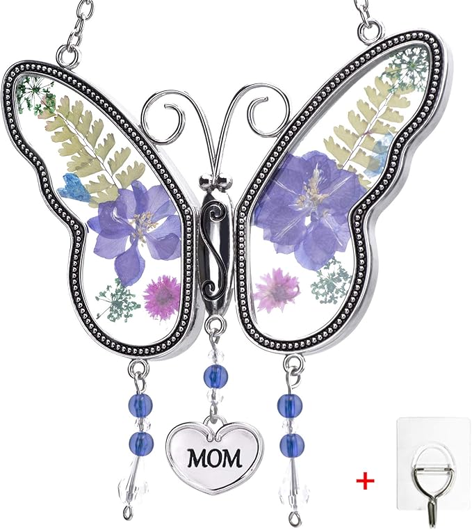 Laraine Butterfly Suncatcher with Pressed Flower Wings Mom Mother's Day Butterfly Glass Wind Chime Ornament Charm with Metal Heart Gifts for Mom Grandma Birthday (Purple Mom (with Free Hook))