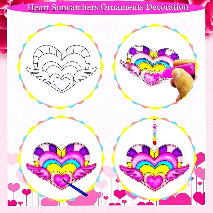 AUEKIV 30 Sets Valentine's Heart Suncatchers Craft DIY Kit Window Paint Art Suncatchers Valentine's Day Heart Sun Catcher Art Crafts Supplies for Valentine Gift Exchange Classroom Activities