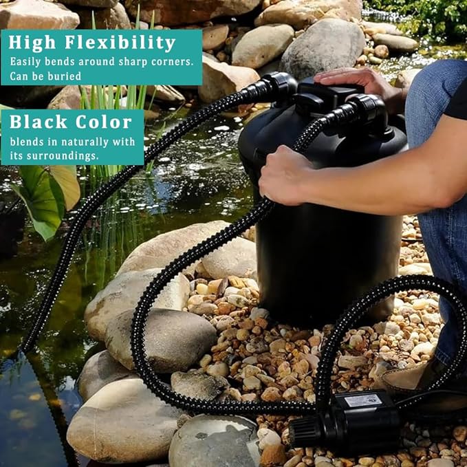 Pond Tubing ID 1 1/2” × 50ft Black Corrugated Flexible Reinforced Waterfall Pond Tube Sump Pump Hose, Non-toxic & Kinkproof (50 ft, 1 1/2" ID 38mm)