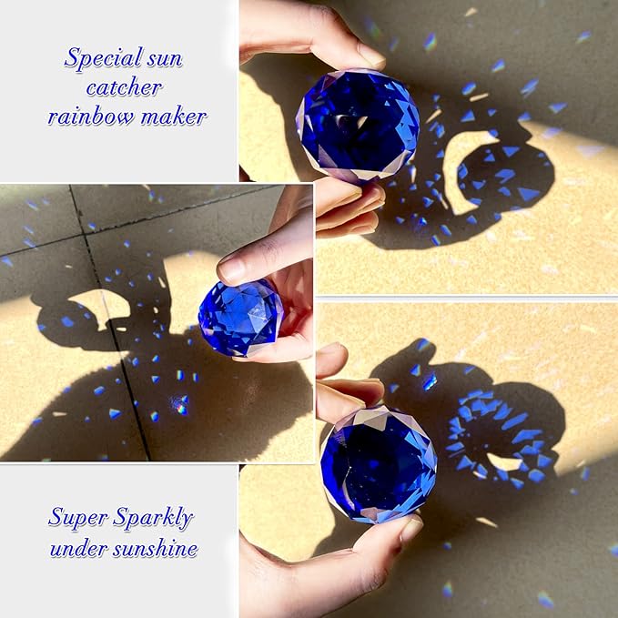 FONMY Gazing Ball Spiral Tail -Decorative Wind Spinner Sun Catcher Rainbow Maker 11 inch Tail and 2 inch Dark Blue Crystal Orb. Indoor Outdoor Garden Decoration -13 inch Height