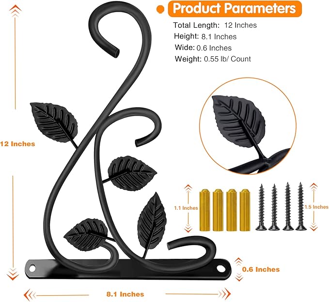 4 PCS Metal Hanging Hook Plants Brackets, 12 Inch Iron Wall Mount Bracket Durable Rust-Resistant Plant Hanger Hook for Hanging Plants Bird Feeder Lantern Wind Chimes