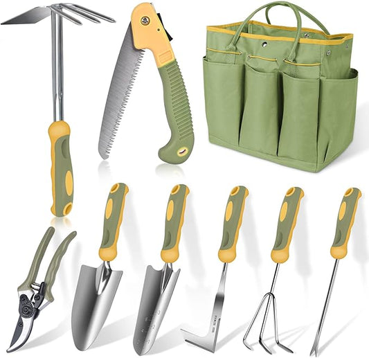 Garden Tool Set, WisaKey 9 Piece Stainless Steel Heavy Duty Gardening Tools with Handle, Durable Garden Tool Bag, Ideal Gardening Hand Tools, Gardening Gifts for Women and Men White Elephant Gifts