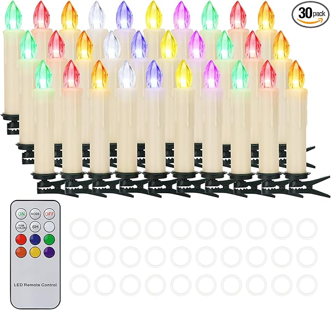 Colorful Christmas Tree Candle Lights Battery Powered Remote Control LED Taper Candles with Clips Electric Fake Candles for Halloween Garden Holiday Wedding Parties Decor (30 PCS,Colorful)
