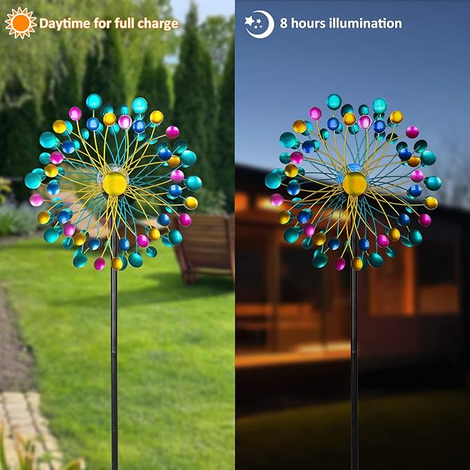 Solar Wind Spinners for Yard and Garden- 58.2 Inch Metal Wind Sculptures Outdoor Clearance Kinetic Windmills with Multi Color Led Glass Ball (Polka Dots)