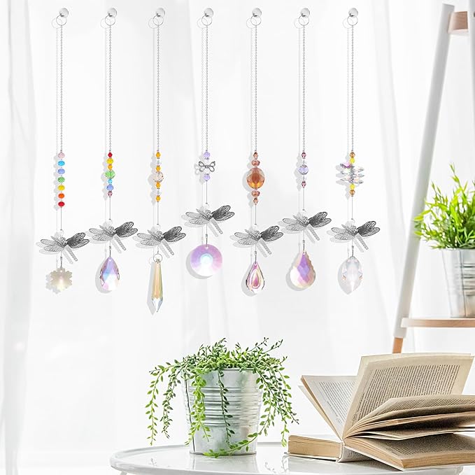 Pack of 7 Crystal Suncatchers Dragonfly Pendant Rainbow Maker Hanging for Window Wedding Garden Decor