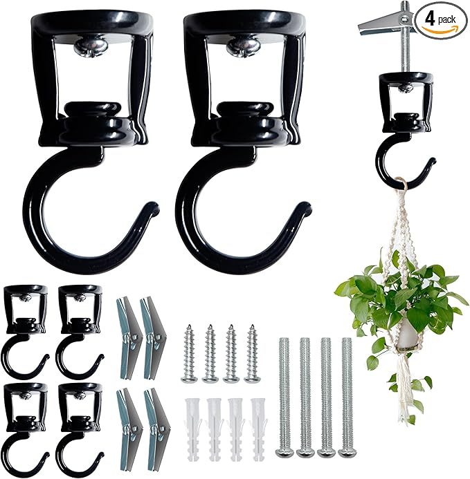 Ceiling Hooks for Hanging Plants (4 PCS Black),Heavy Duty Metal Plant Hooks, Screw in Hooks for Hanging Birdfeeders, Lamps, Planters, Outdoor Decorative Hooks up to 33 lbs