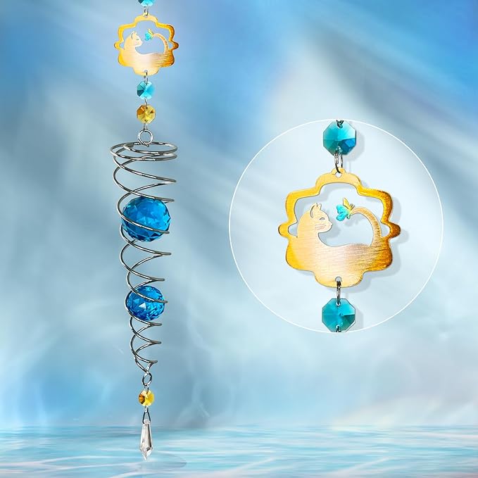 FONMY Cat Gazing Ball Spiral Tail Wind Spinner Sun Catcher Rainbow Maker Silver Spiral W/Blue K9 Crystal Ball Tree Hanging Ornament Indoor Outdoor Garden Decor. 19.5inch H