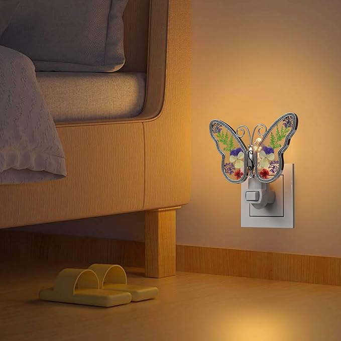 KY&BOSAM Butterfly Night Light Plug into Wall Night Lights Real Flower Glass and Metal Nightlights for Hallway Nursery Bedroom Bathroom Kids Room Kitchen Stairway Accent Elegant Themed Home Decoration