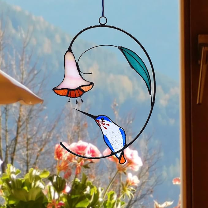 Lolitarcrafts Hummingbird with Flower Stained Glass Suncatcher Bird Stained Glass Window Hangings Hummingbird Gift for Home Decor (Blue)