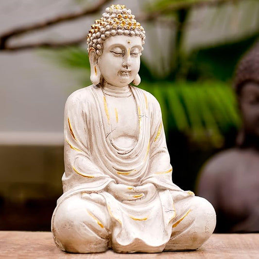 Goodeco 11.4 Meditating Zen Buddha Statue Figurine Sculpture - Indoor/Outdoor Decor for Home,Garden,with Natural Wood Beaded Necklace,Polyresin (White)