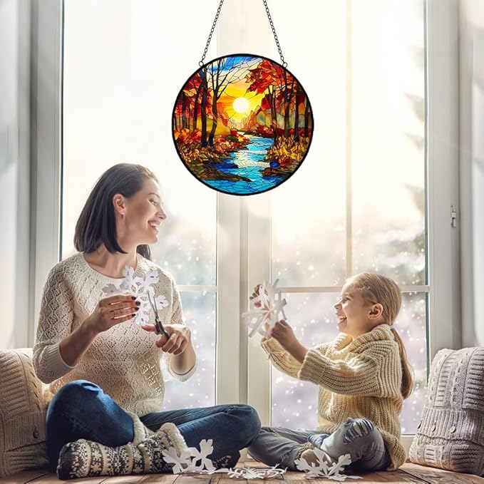 Sunrise Tree and River Landscape Stained Glass Suncatcher for Window Hanging - Sunrise Painting Sun Catcher Window Ornaments with Metal Chain and Hook - Decor Gift for Mom Wife Husband Nature Lovers