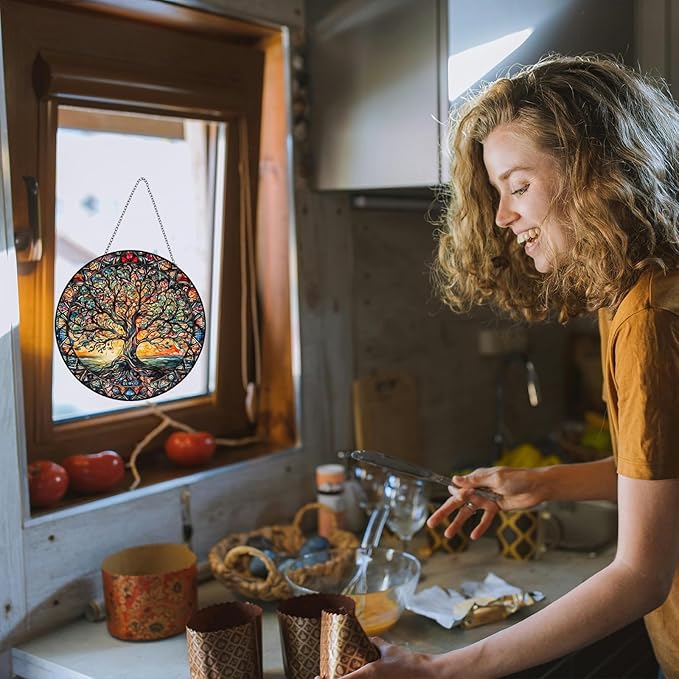 Tree of Life Suncatcher Indoor/Outdoor Stained Glass Window Hanging - Handmade Stained Glass Suncatchers for Windows Hanging - Decoration for Home Garden Christmas Party Wedding Housewarming Gifts