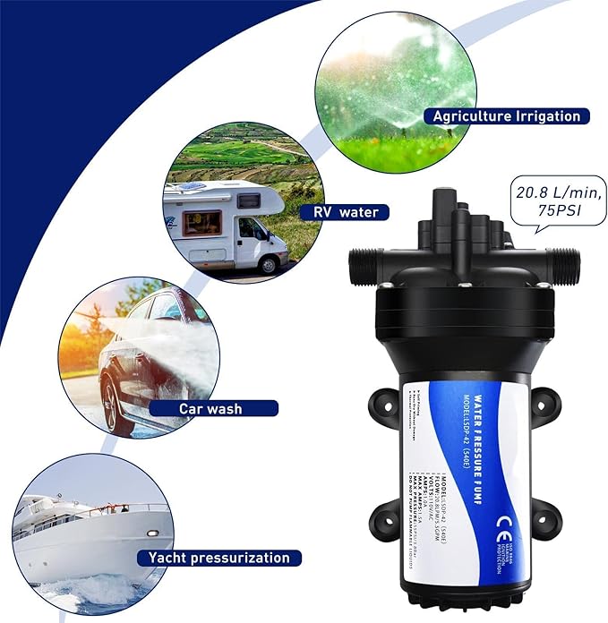 Water Pressure Booster Pump 110v Diapphragm Pump Inline Water Pump 75psi 5.5 GPM Self Priming RV Water Pump for Kitchen, Bathroom, RV, Marine Yacht, Caravan, Garden