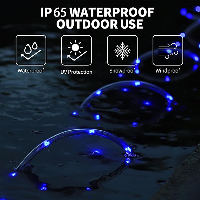LED Rope Lights for Outside, 20Ft 360°Blue Solar Rope Lights Outdoor Waterproof, 86 LEDs 110V 8 Modes Remote Control Timer Christmas Rope Lights for Party Holiday Garden Decoration (Blue)