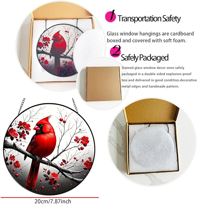 RIVEENY Cardinal Stained Glass Window Hanging,Cardinal Stained Glass Suncatcher,8" Window Suncatcher Hanging Ornaments Wall Art, Hand-Painted Glass Panel Home Decor for Mom Grandma