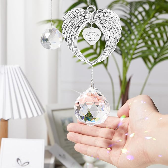 Sympathy Gift Modern Grief Gift for Lose of Loved Ones, Memorial Suncatcher with 40mm Crystal Ball, Sorry for Your Lose Rainbow Maker, Bereavement Gift Idea Angel Wings Design, Clear