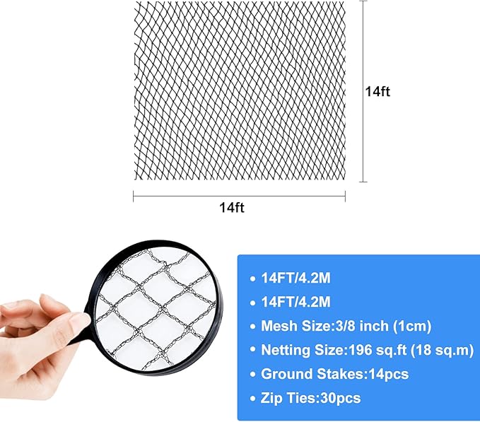 Pond Netting, 14 x 14 FT Pond Net Heavy Duty Pond Netting for Koi Ponds, Garden Pool Fine Mesh Netting Kit for Leaves, Protects Koi Fish from Birds Cats Predators, with 14 Stakes and 30 Cable Zip Ties
