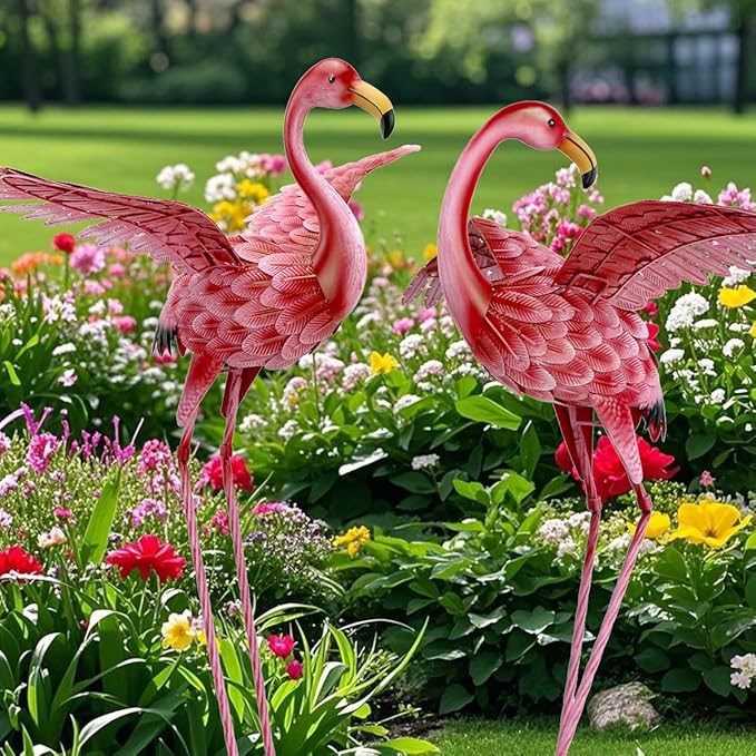Natelf Pink Flamingo Yard Decorations, Tall Birds Garden Statues and Sculptures, Metal Lawn Art Ornaments for Outdoor Patio Backyard, Set of 2