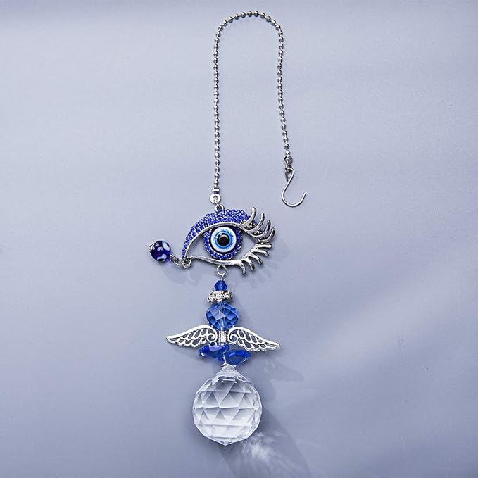 YU FENG Hanging Crystal Angel Suncatcher Blue Evil Eye Protection and Good Luck Charm Chandelier Lamps Pendant(12.5in)