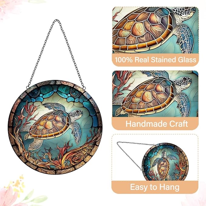 Sea Turtle Decor Suncatcher Stained Glass Window Hanging - Handmade Stained Glass Suncatchers Hangings with Hooks - Sea Art Glass Outdoor Garden Decor Gift for Women Him Valentines Day Birthday Gifts