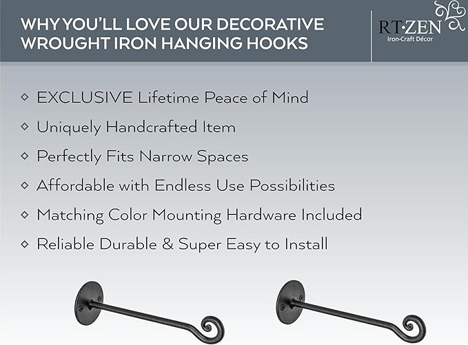 RTZEN Plant Hangers Outdoor or Indoor - Wrought Iron Metal Hanger Indoor Hook - Heavy Duty Wall Bracket Hooks for Hanging Plants Baskets Lanterns Wind Chimes - 2 Pack (Black Swirl Hooks)
