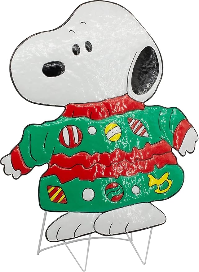 Peanuts Gang Around The Tree Christmas Yard Art Outdoor Christmas Decor Hammered Metal (24'' Snoopy in Ugly Christmas Sweater), 18'' wide x 32'' high